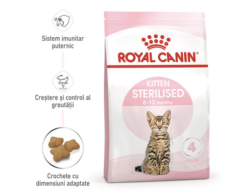 Hrană pentru pisici Royal Canin pentru pisoi sterilizați cu vârsta cuprinsă între 6 și 12 luni, ilustrată cu detalii despre crochete.
