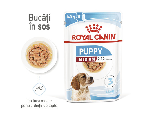 Hrană pentru căței Royal Canin Puppy Medium 2-12 luni, etapa 3, 140 grame x 10