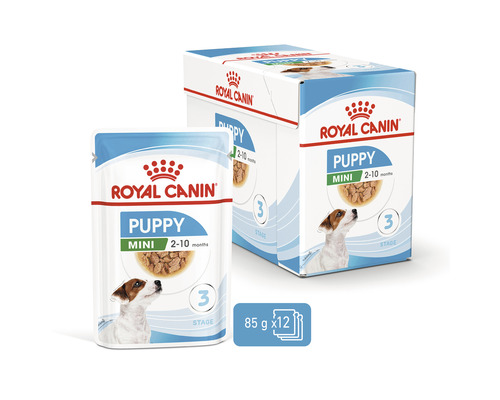 Logo Royal Canin. Ambalaj hrană umedă pentru câini Puppy Mini pentru căței de la 2 la 10 luni.