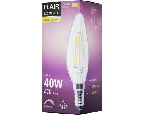 Bec LED FLAIR C35/E14, 4 wați echivalent cu 40 wați, 470 lumeni, 2700 Kelvin alb cald, dimabil
