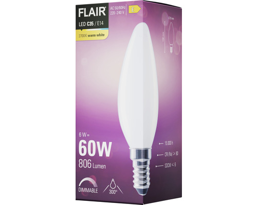 Bec LED Flair C35 E14, 6 wați, echivalent cu 60 wați, 806 lumeni, 2700 Kelvin alb cald, reglabil
