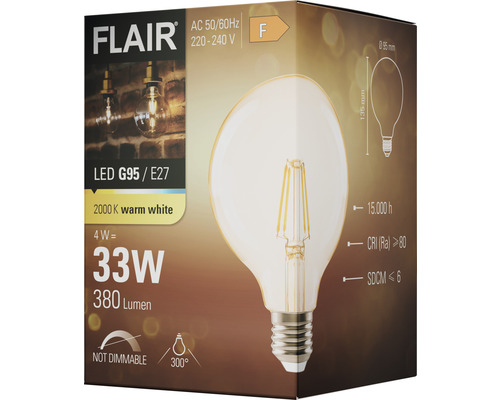 Bec LED Flair G95 E27, 4 wați, valoare comparativă 33 wați, 380 lumeni, nu este reglabil