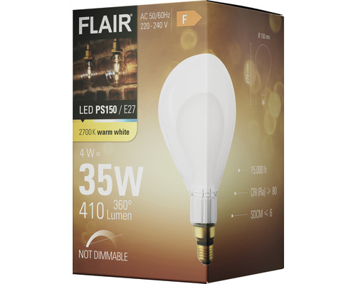 Ambalajul unui bec LED Flair PS150/E27, care nu este reglabil