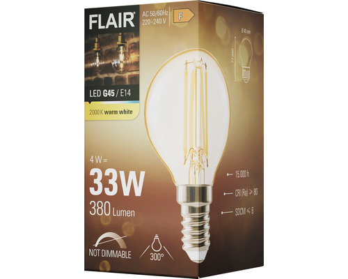 Bec LED FLAIR G45/E14, 4 wați, echivalent 33 wați, 380 lumeni, 2000 kelvini, alb cald, nu este reglabil
