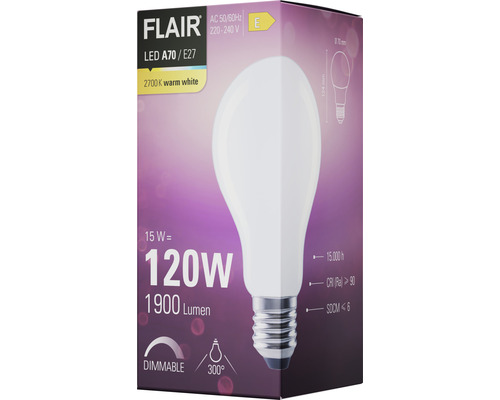 Ambalaj pentru un bec LED Flair A70/E27 reglabil, cu 120 wați și 1900 lumeni