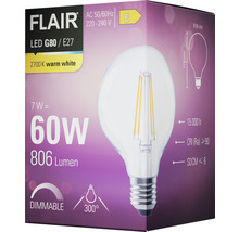 Bec LED variabil Flair E27 7W 806 lumeni, glob clar G80, lumină caldă