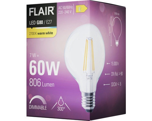 Ambalaj pentru un bec LED Flair G80 E27 dimabil, de 7 wați, echivalent cu 60 de wați