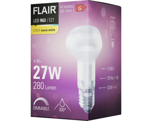 Bec LED FLAIR R63 E27, 4 wați, 2700 Kelvin alb cald, dimabil