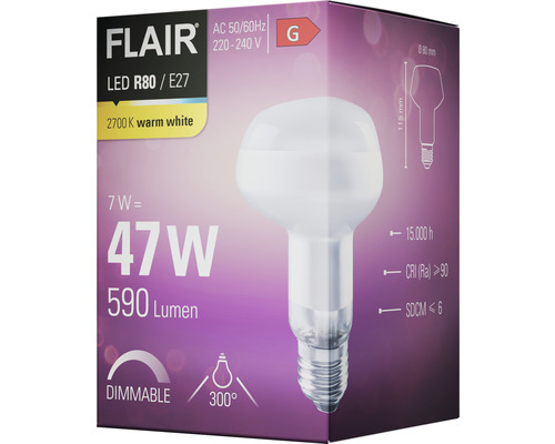 Ambalaj pentru un bec LED Flair R80 E27 reglabil cu o putere de 7 wați, echivalent cu 47 wați