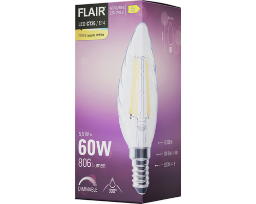 Ambalaj bec LED dimabil Flair CT35 E14 cu 5,5 wați, echivalent cu 60 wați și 806 lumeni