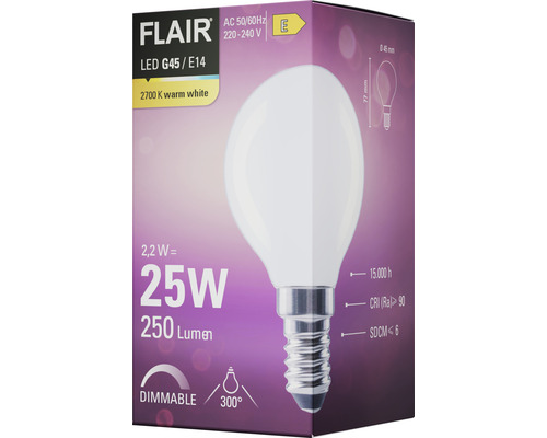 Ambalaj bec LED Flair G45 E14, 2,2 wați, echivalent 25 wați, 250 lumeni, 2700 kelvini alb cald, reglabil