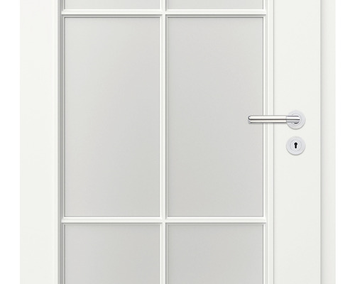 Ușă interioară albă cu inserție de sticlă și mâner metalic