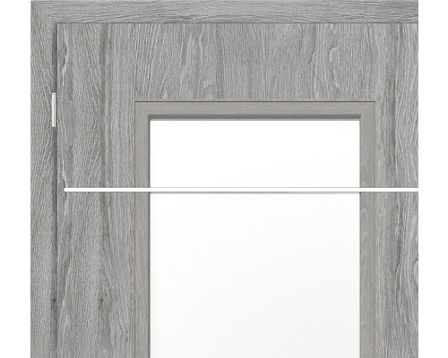 Imagine detaliată a unei uși de interior cu aspect de lemn și inserție de sticlă