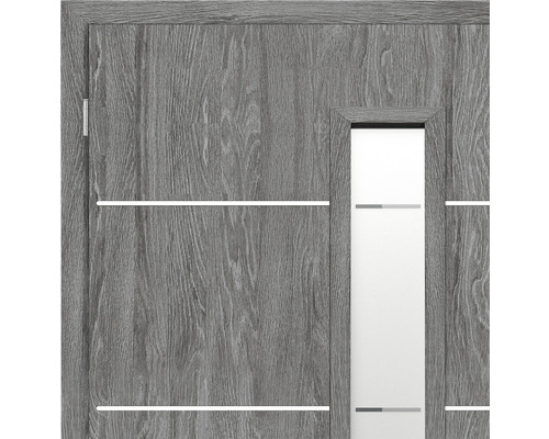 Ușă interioară gri cu inserție de sticlă și linii decorative orizontale