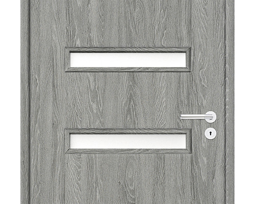 Ușă interioară gri cu două orificii de lumină, mâner de ușă și broască