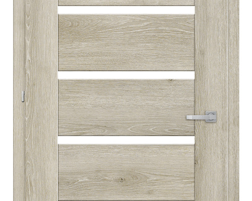 Ușă din lemn cu trei decupaje orizontale și mâner metalic