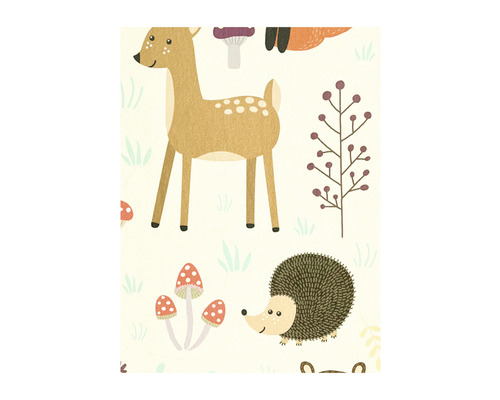 Ilustrație cu căprioară, arici și ciuperci