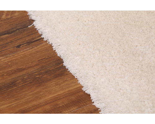 Imagine detaliată cu un covor de culoare deschisă pe podea de lemn