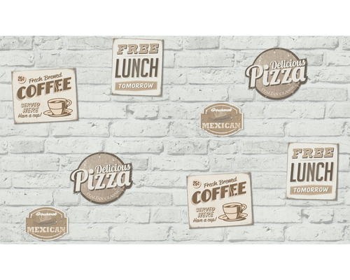 Tapet cu model de piatră și imprimeuri cu cafea, pizza, preparate mexicane și prânz gratuit
