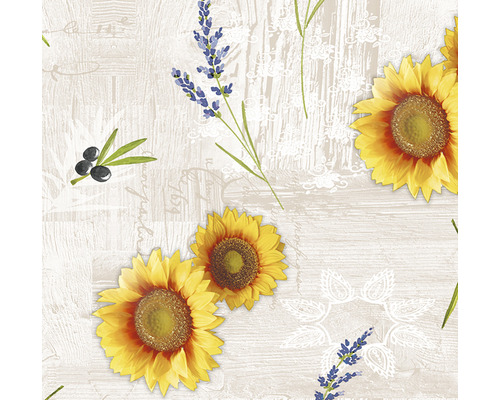 Motiv cu floarea-soarelui, lavandă și ramuri de măslin pe un șervețel