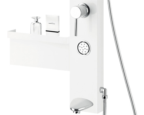 Panou de duș cu raft, duș de mână și baterie pentru baie