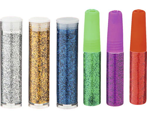 Diverse bețișoare cu sclipici în culorile argintiu, auriu, albastru, verde, violet și roșu