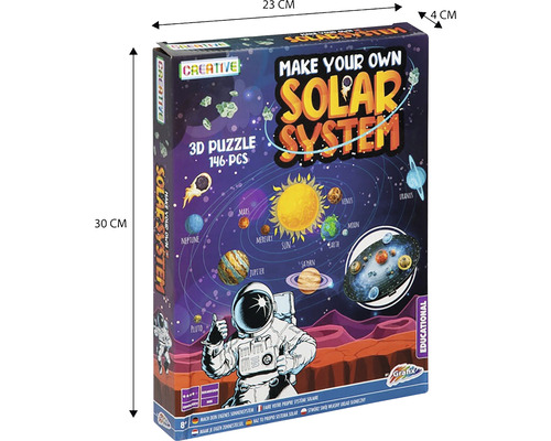 Puzzle 3D Sistemul solar cu 146 de piese și dimensiunile 30 x 23 x 4 centimetri.