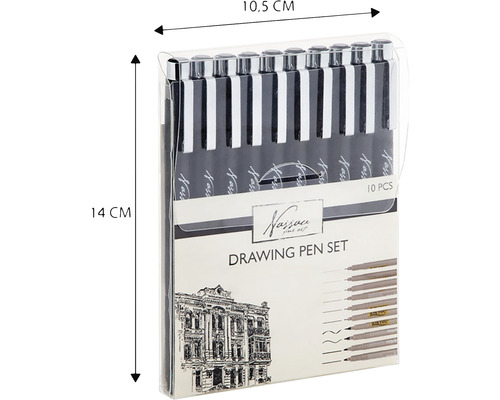 Set de pixuri pentru desen Nassau Fine Art cu 10 pixuri în ambalaj transparent, dimensiuni 10,5 cm x 14 cm