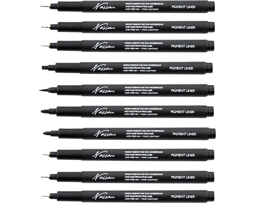 Set de zece linere cu pigment Nassar în diferite grosimi de linie pentru linii fine, rezistente la apă