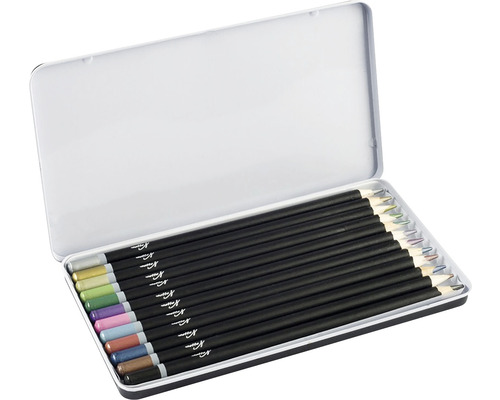 Set de creioane colorate într-o cutie metalică