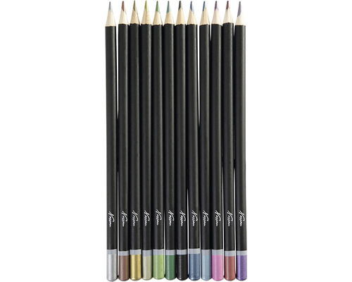 Douăsprezece creioane colorate cu corp negru și mine colorate