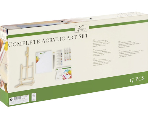 Set complet de vopsea acrilică cu șevalet, pânză, pensule și vopsele într-un ambalaj