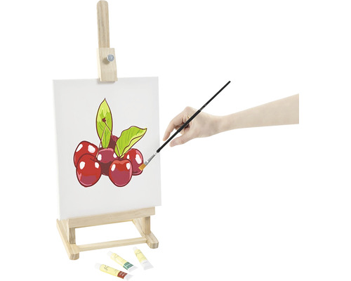 Șevalet cu pânză și motiv de cireșe cu vopsea și pensulă