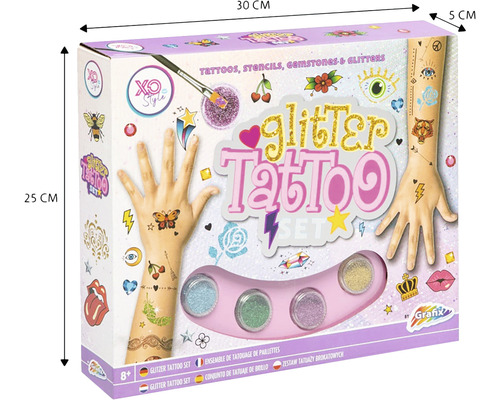 Set tatuaje cu sclipici într-un ambalaj cu dimensiunile 30 cm x 25 cm x 5 cm