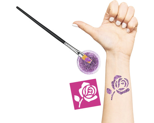 Set tatuaj cu sclipici cu pensulă, șablon și trandafir pe braț