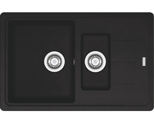 Chiuvetă de bucătărie neagră cu două cuve și logo Franke