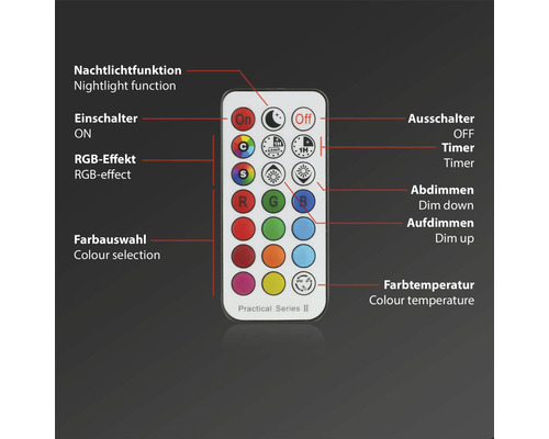 Telecomandă cu butoane pentru controlul funcției de lumină de noapte, comutatorului pornit/oprit, efectului RGB, selecției culorilor, temporizatorului, funcției de estompare și temperaturii culorii.