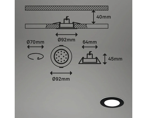 Desen tehnic al unui spot încastrat cu dimensiuni