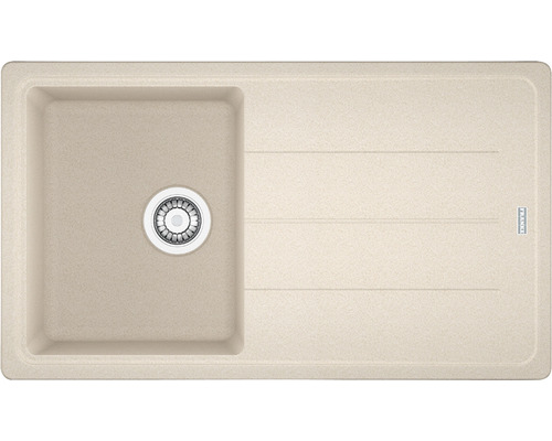 Chiuvetă de bucătărie bej cu picurător și logo Franke