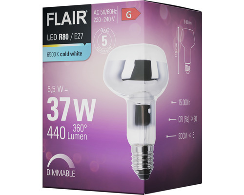 Bec LED Flair R80 E27 cu lumină albă rece de 6500 Kelvin