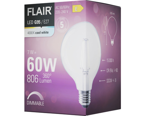 Ambalaj pentru un bec LED Flair G95 E27 reglabil cu 806 lumeni și 4000 Kelvin