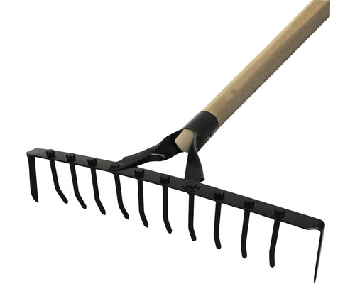 Greblă de grădină cu mâner din lemn și dinți metalici
