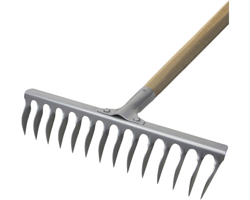 Greblă cu coadă de lemn și dinți metalici