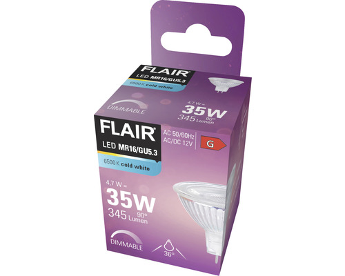 Ambalaj bec LED Flair MR16/GU5.3, 4,7 wați echivalent cu 35 wați, 345 lumeni, reglabil