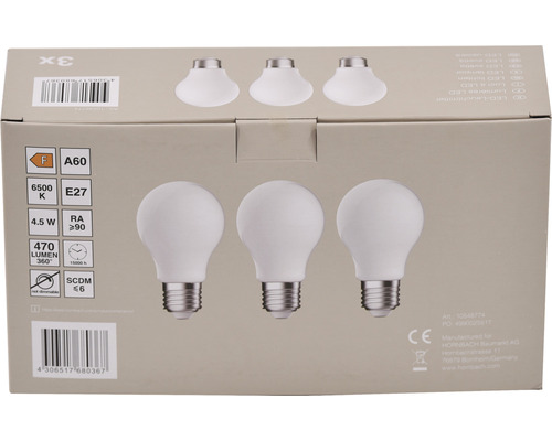 Pachet cu trei becuri LED A60, soclu E27, 4,5 wați, 470 lumeni