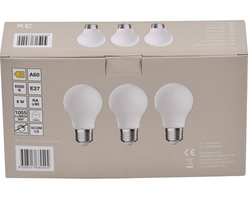 Ambalaj cu trei becuri LED, soclu E27, 8 wați, 1055 lumeni