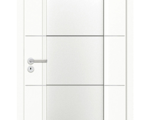 Ușă de interior albă cu linii decorative orizontale și set de clanțe