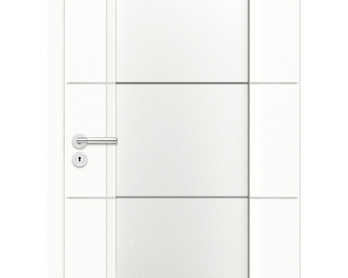 Ușă de interior albă cu linii decorative orizontale și mâner