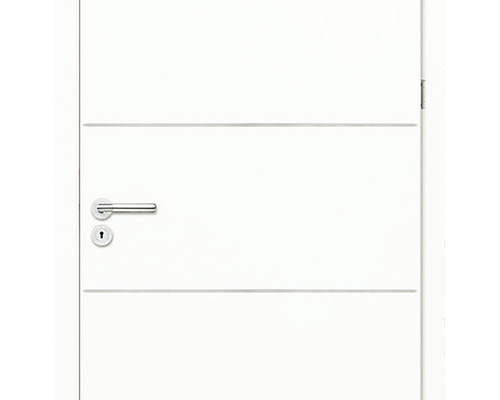 Ușă de interior lăcuită alb cu frezări transversale și mâner de ușă