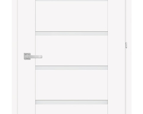 Ușă interioară albă cu inserții orizontale de sticlă și mâner